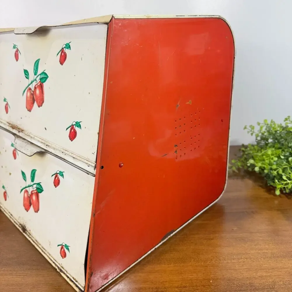 Vintage Decoware Double Decker Bread Box Apple Fruit Metal 2 Door MCM Primitive